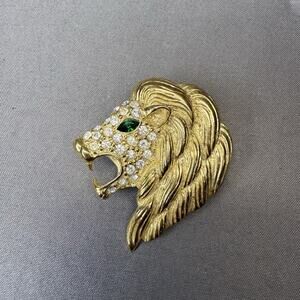 Vintage Gold Tone Lion Head Brooch Green Rhinestone Eye Pave Crystal MCM
